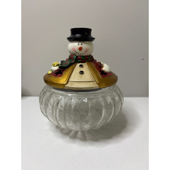 Vintage Christmas Snowman Glass Candy Dish Holiday Decoration Jar - Picture 1 of 9